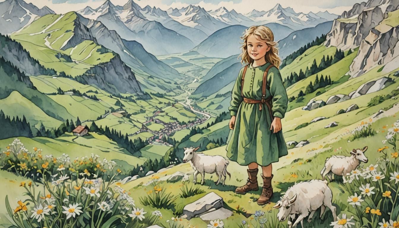 Heidi the Goatherd in Swiss Alps Watercolor