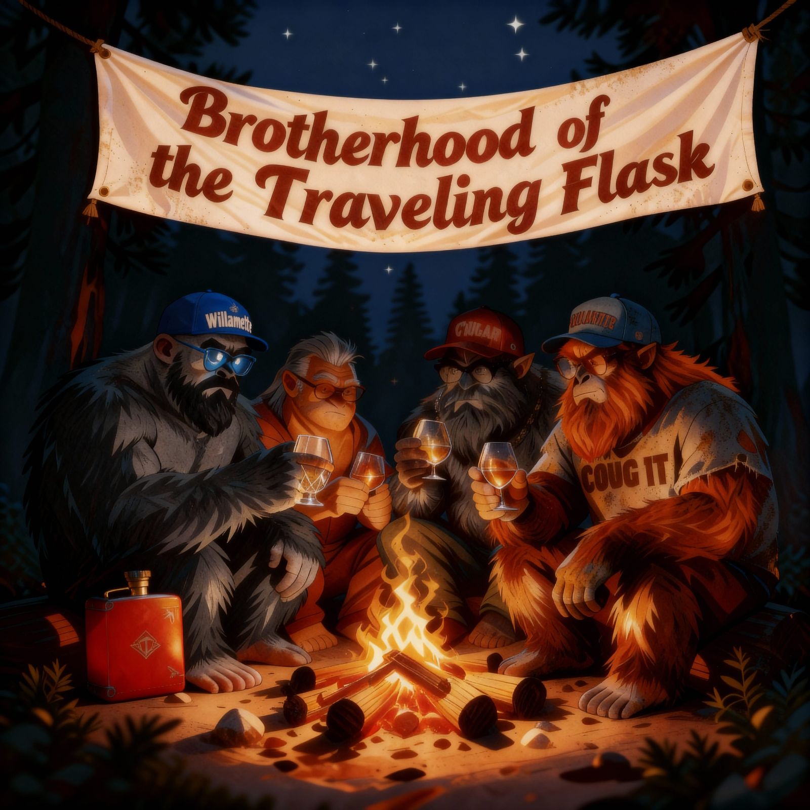Fantasy Portrait of Sasquatch Toasting Around Campfire