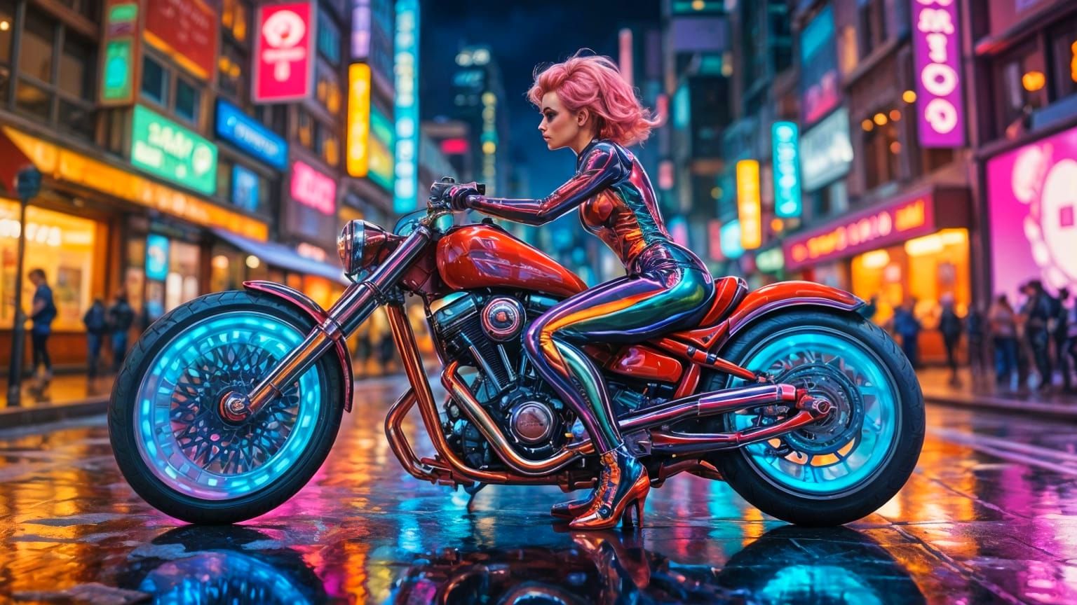 Cyberpunk Pin-Up Girl on Hovering Motorcycle