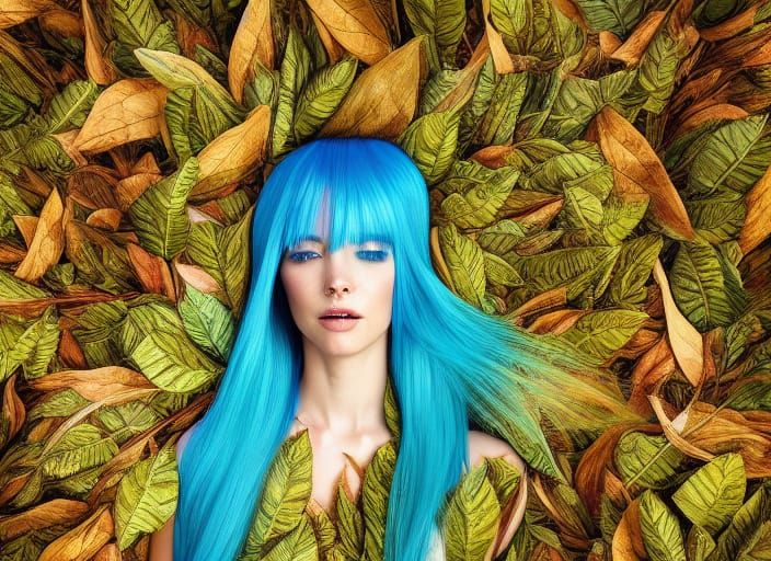 Blue-haired beauty resting in leaves