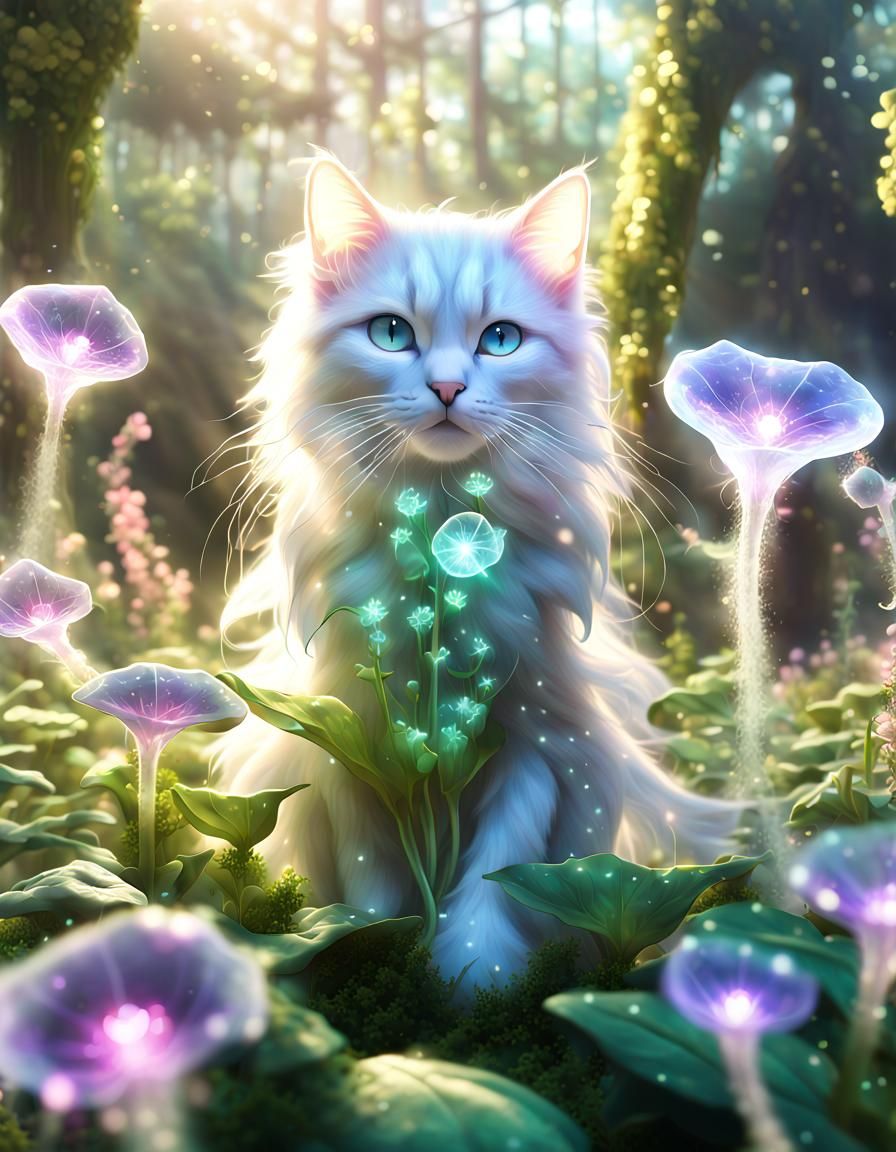 Anthropomorphic Kitten Wizard in Fantasy Moonflower Meadow