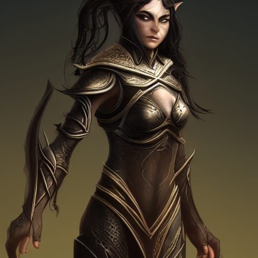 Female Dark Elven Warrior, Elven Armor, Beautiful Athletic Face, Dark Skin, Short Wavy Black Hair, Dark Eyes, VR, Dungeo...