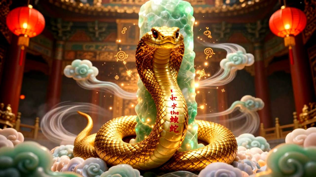 Golden Serpent on Jade Pillar in Celestial Clouds