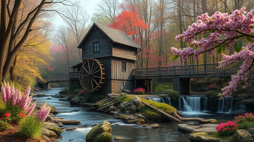 Fantastical Old Watermill Amidst Spring Blooms