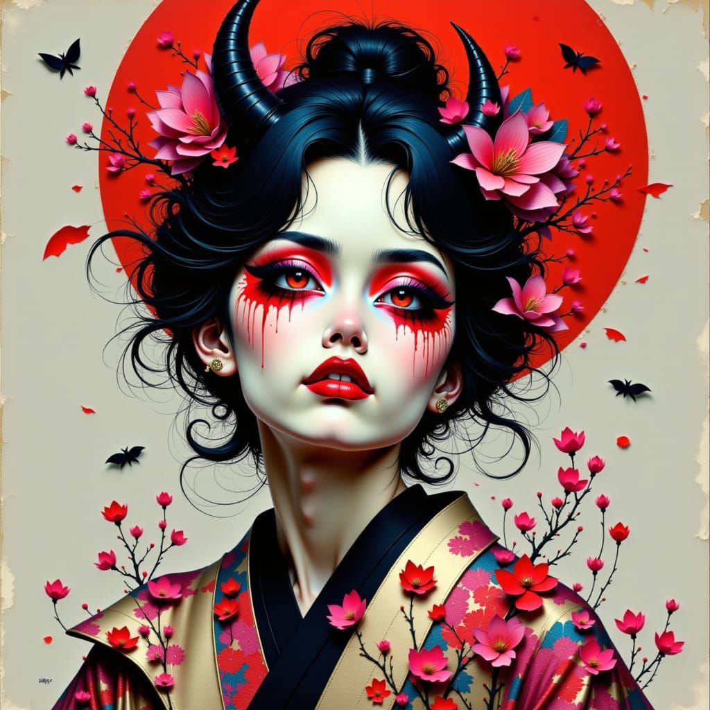Geisha Demon Fusion in Dark Surrealism
