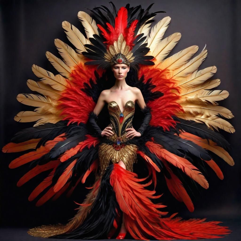 Feathered Goddess in Red, Black and Gold