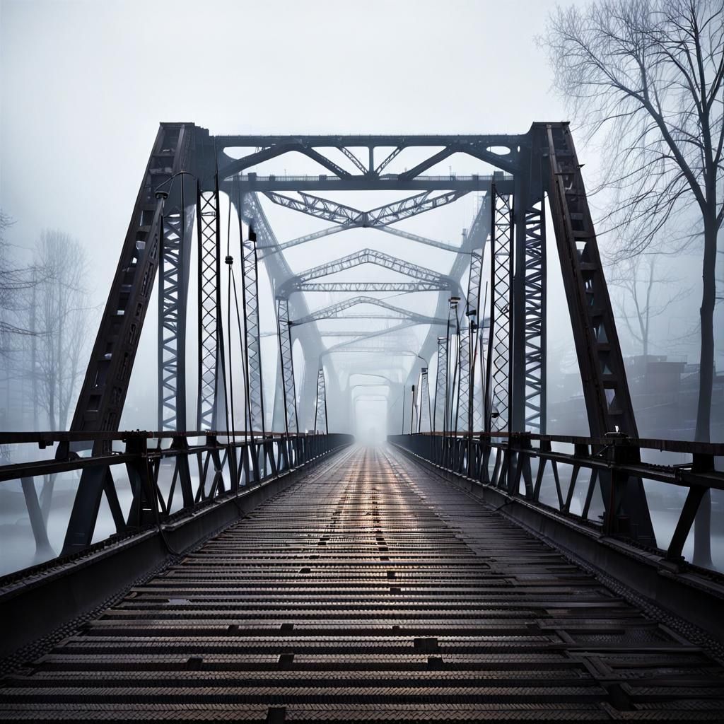 Misty Morning Over an Iron Construction Bridge