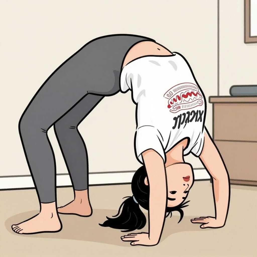 Woman in Yoga Backbend in Humorous Cartoon Style