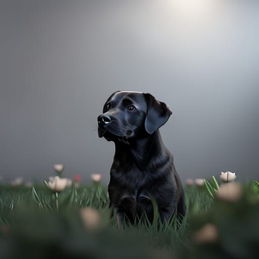 Happy Labrador Puppy with Red Tulips in Studio