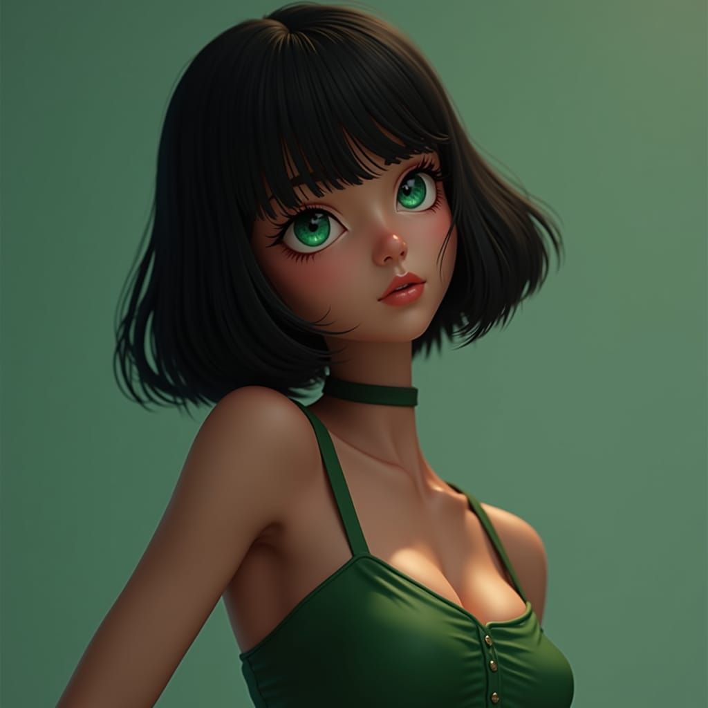 Anime Style Girl with Bob Hair and Green Eyes
