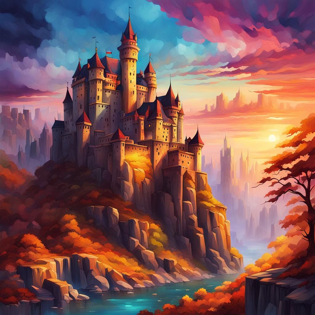 Modern Castle on Cliff in Vibrant Digital Painting