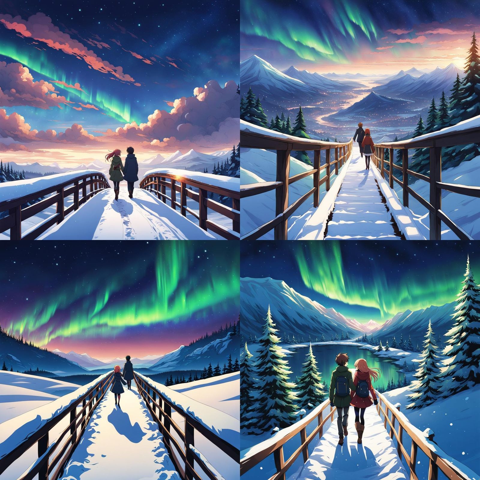 Anime Couple Under Aurora Borealis in Manga Style