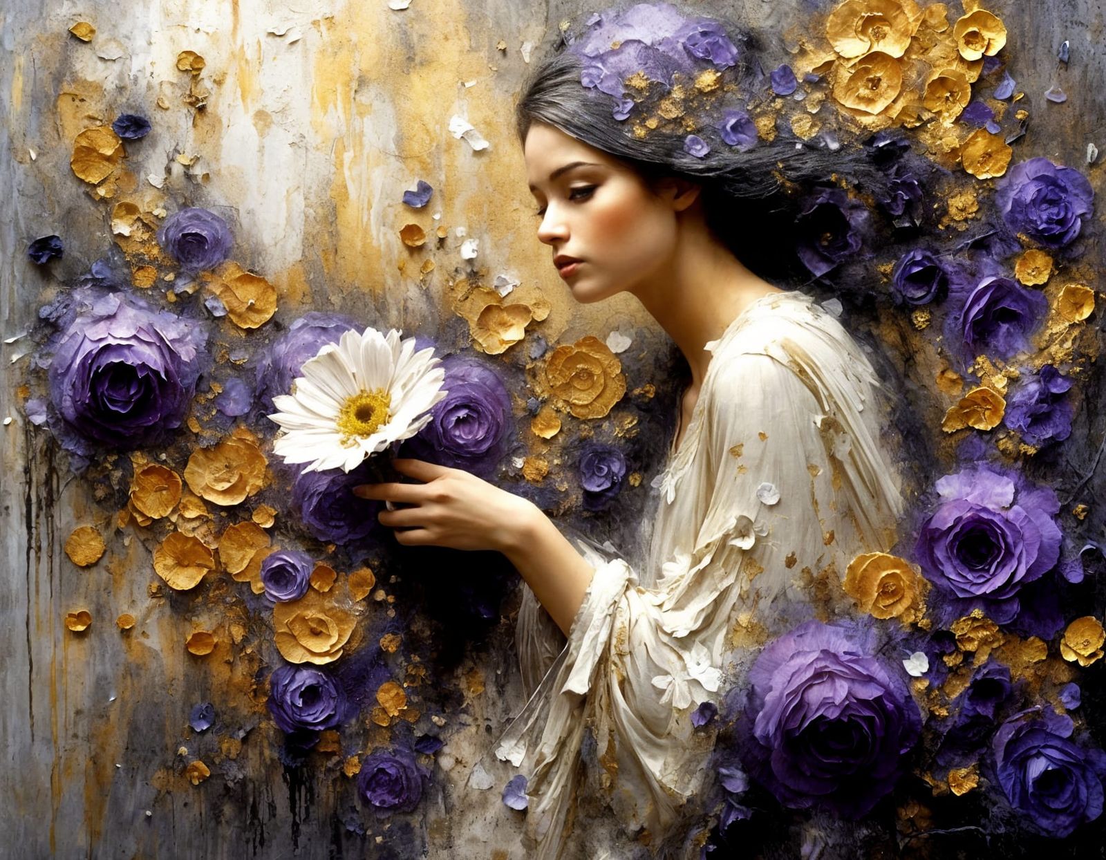 3D white, gold and purple flowers