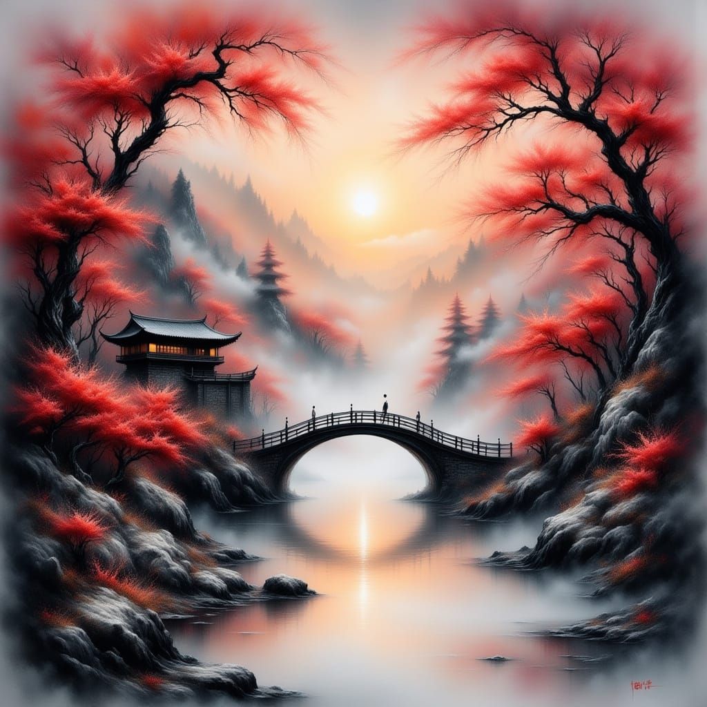 Asian Sunrise Landscape with Pagoda in Watercolor Style