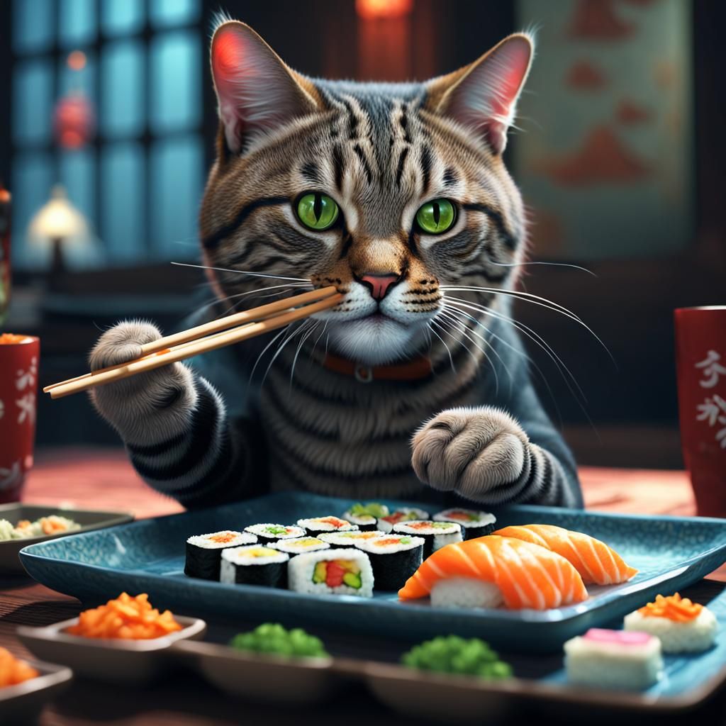 Tabby Cat Eats Sushi: Detailed Matte Painting