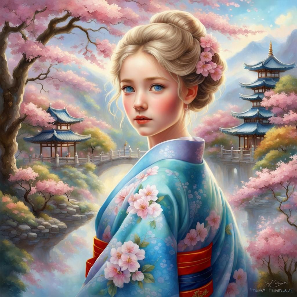 Girl in Kimono with Cherry Blossoms, Ethereal Fantasy