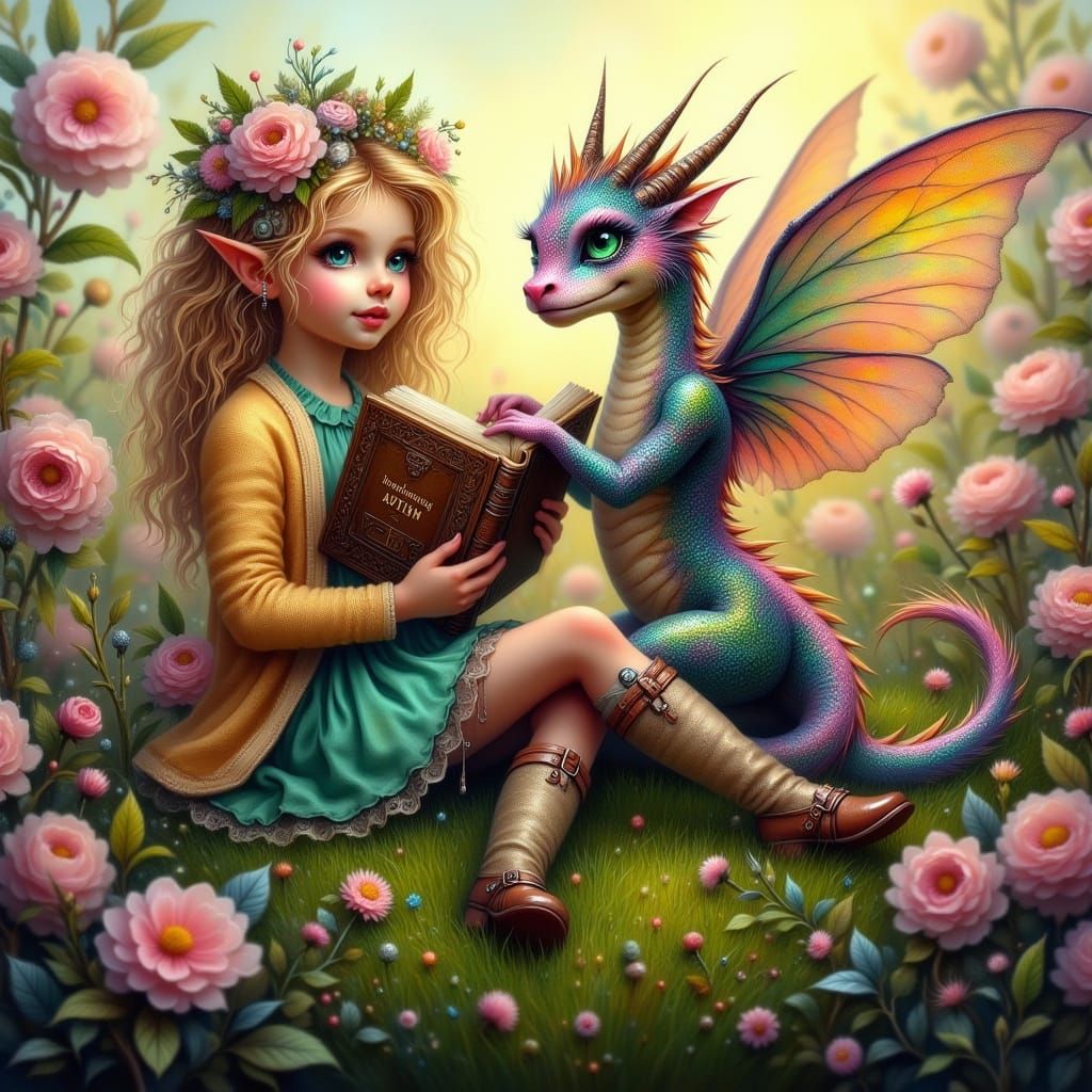 Wonderful Girl and Miniature Dragon in a Vibrant Wildflower ...