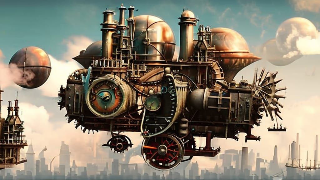 Steampunk Engines Flying Over Futuristic City