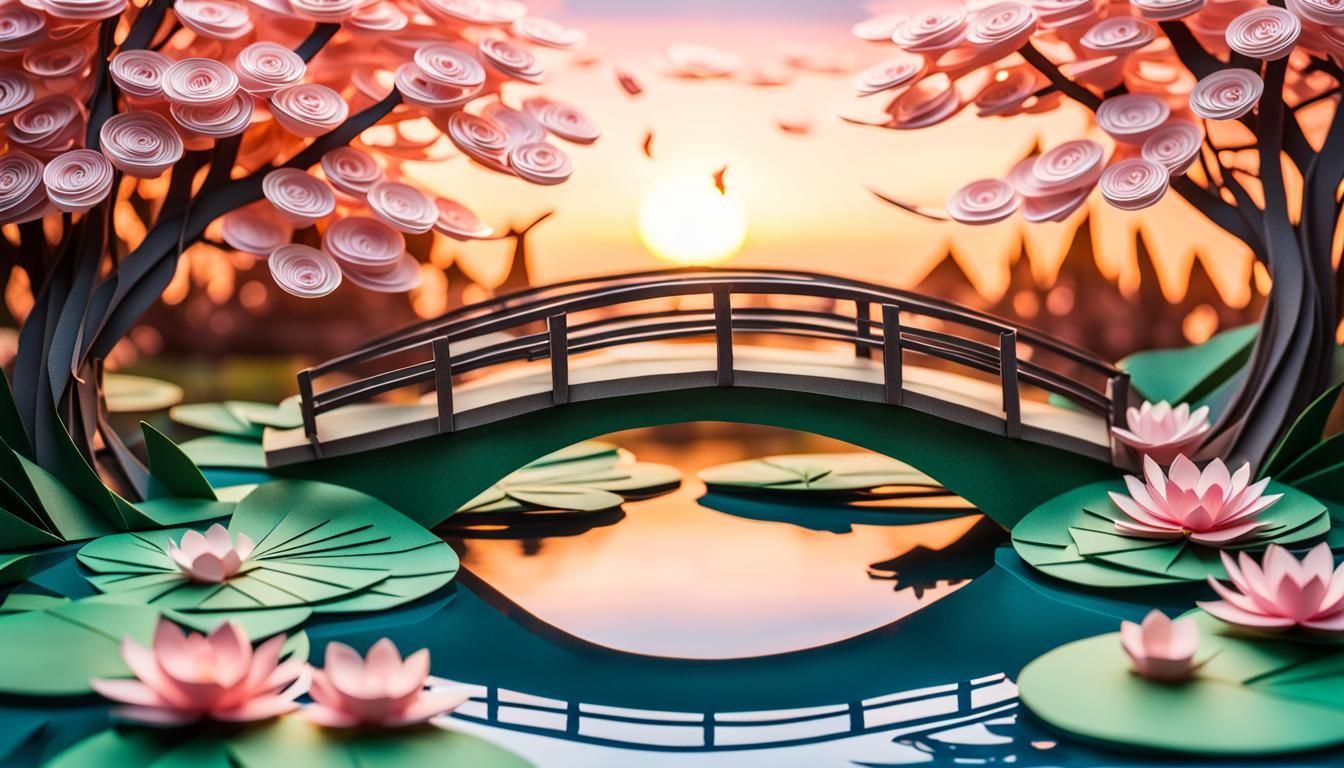Quilled Paper Bridge Over Waterlily Pond at Sunset