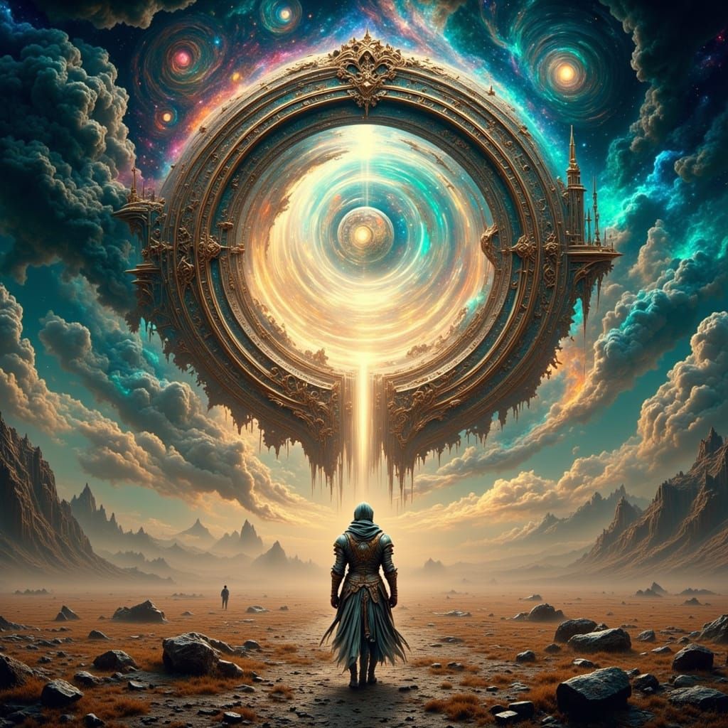 Knight Guards Portal in Hyperrealistic Cosmic Landscape