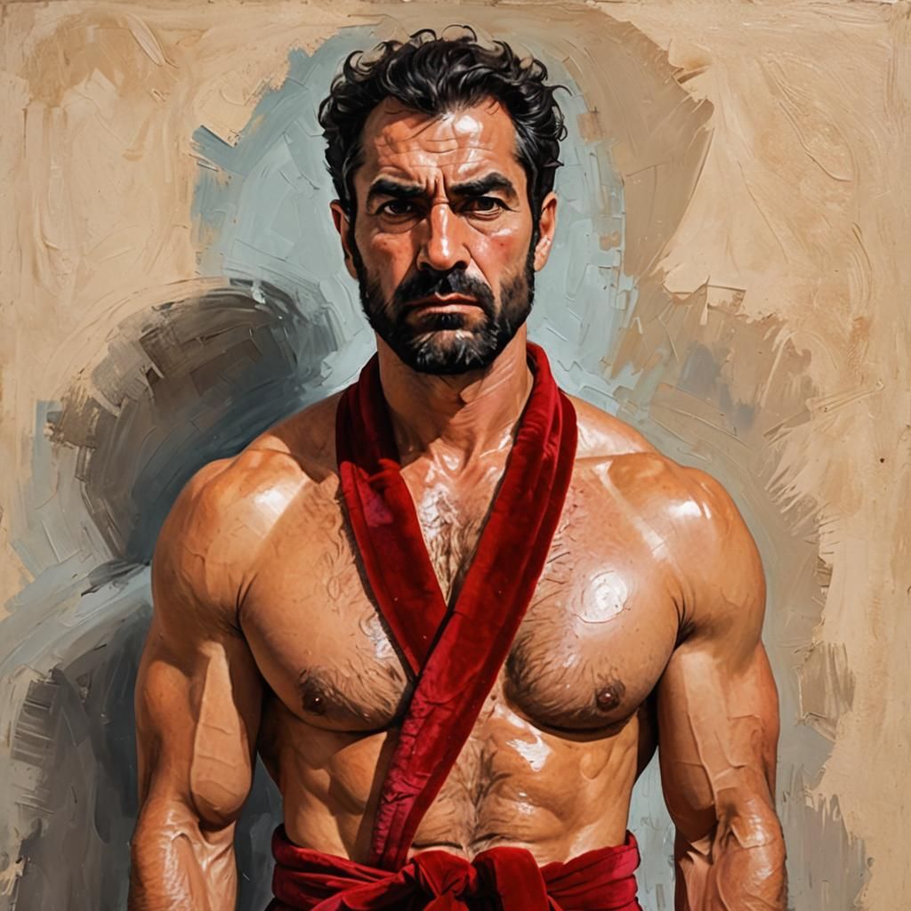 Wrathful Hirsute Man in Red Velvet, Impasto Painting