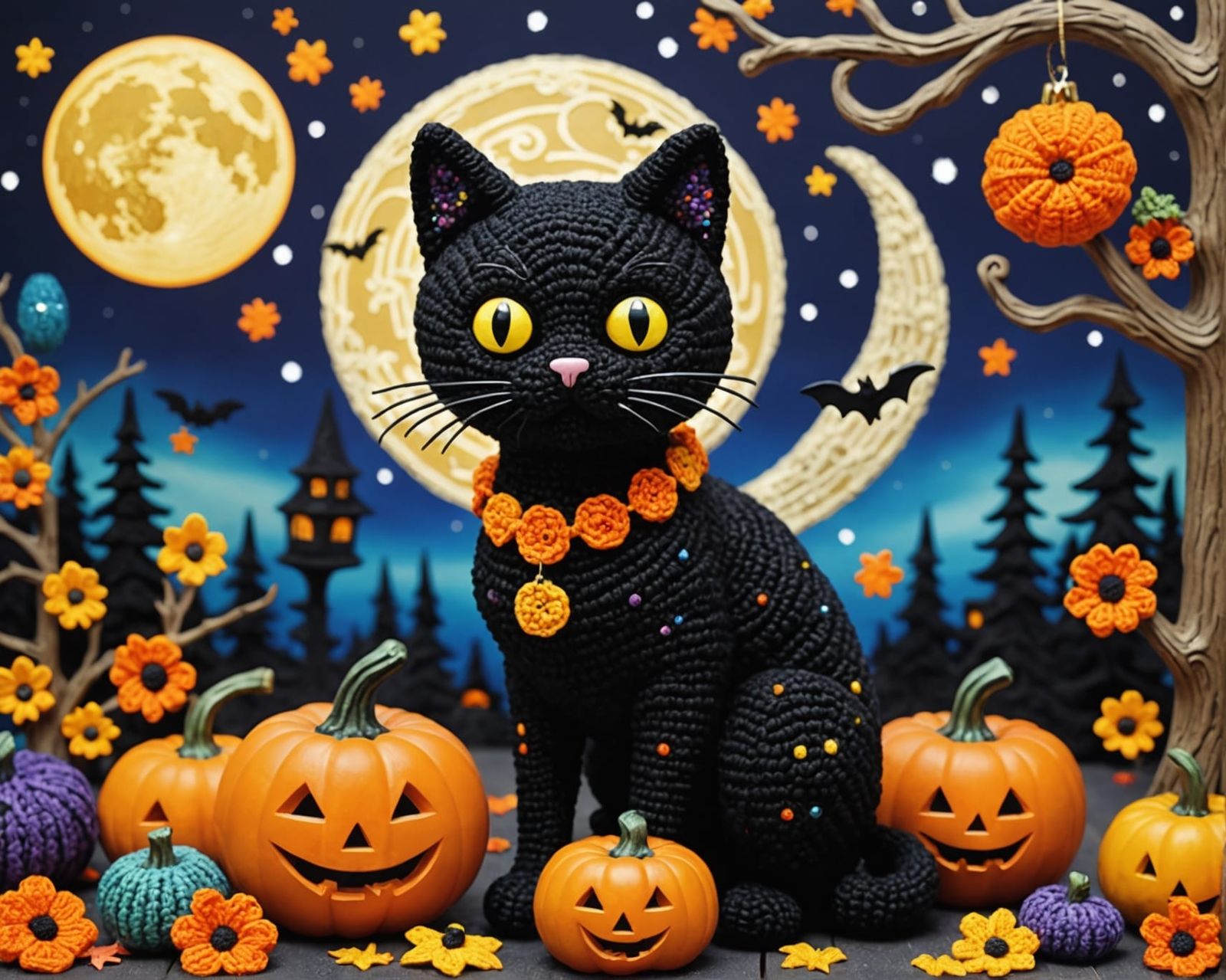 Halloween Black Cat in Klimt Crochet Style