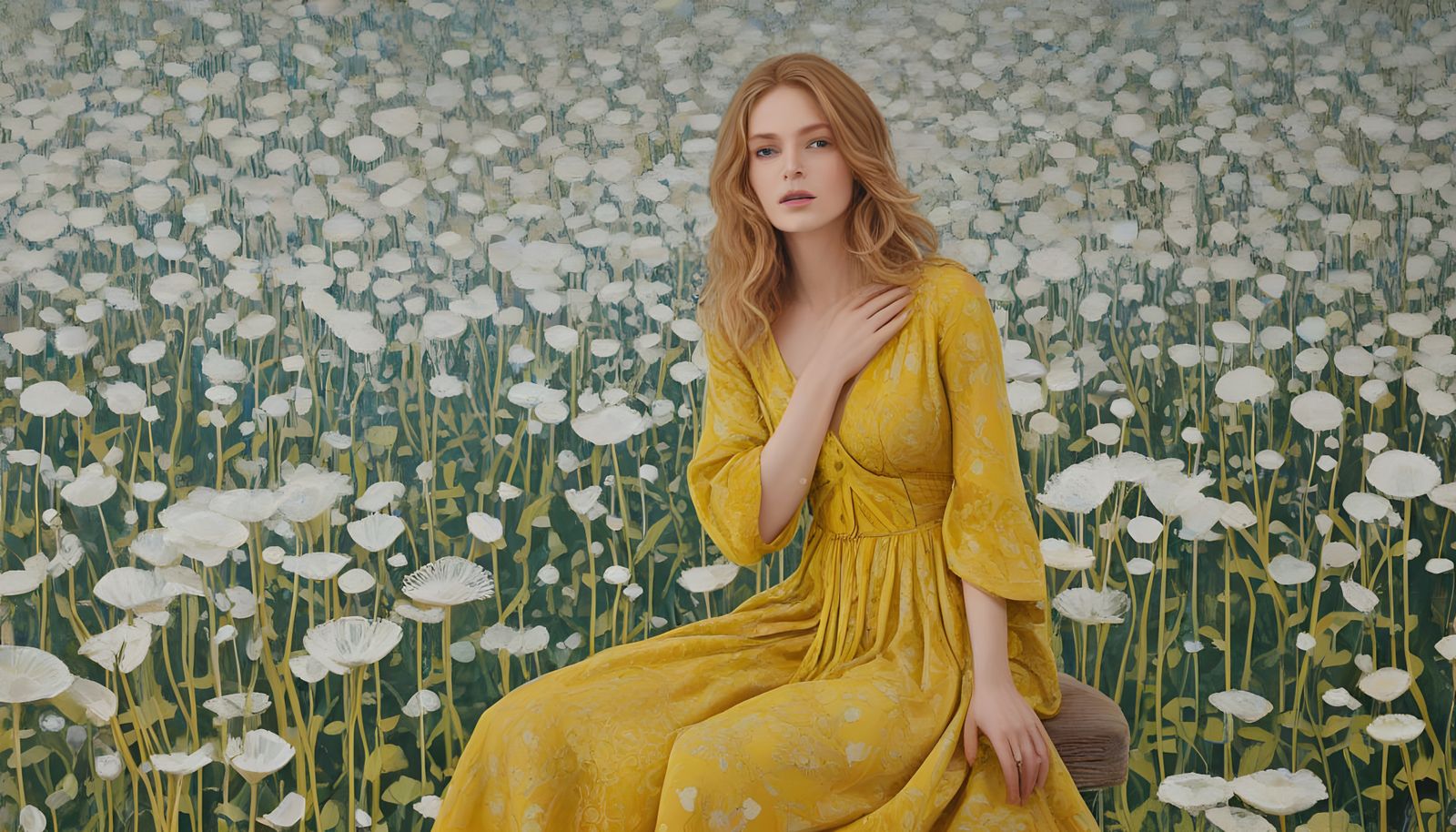 Ethereal Woman Amidst Dandelions and Snow Birds in Dreamlike...