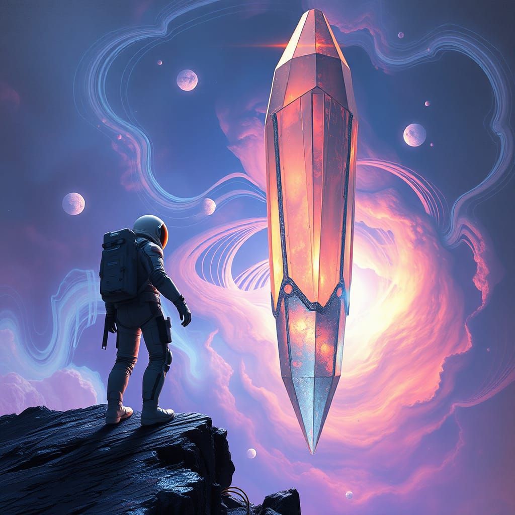 Astronaut on Crystalline Structure in Surreal Nebula