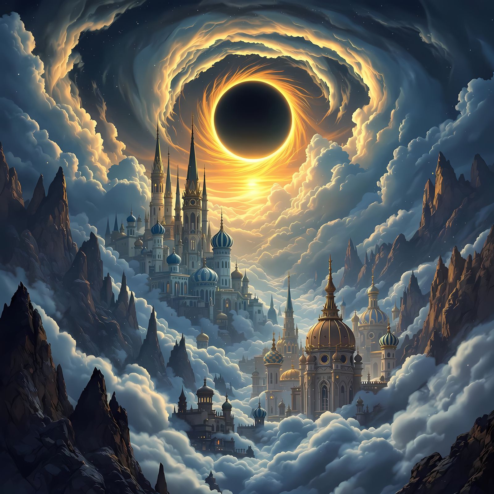 Surreal Cityscape Under Sunset Eclipse