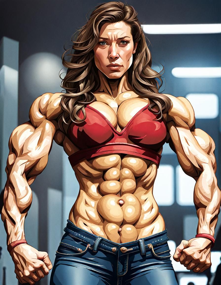 Hyperrealistic Female Bodybuilder Flexing Biceps