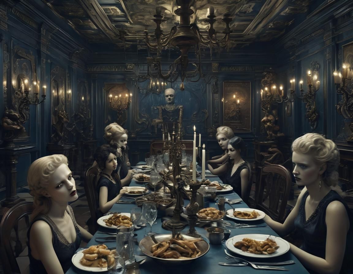Dystopian Surrealism: Unsettling Dinner Scene