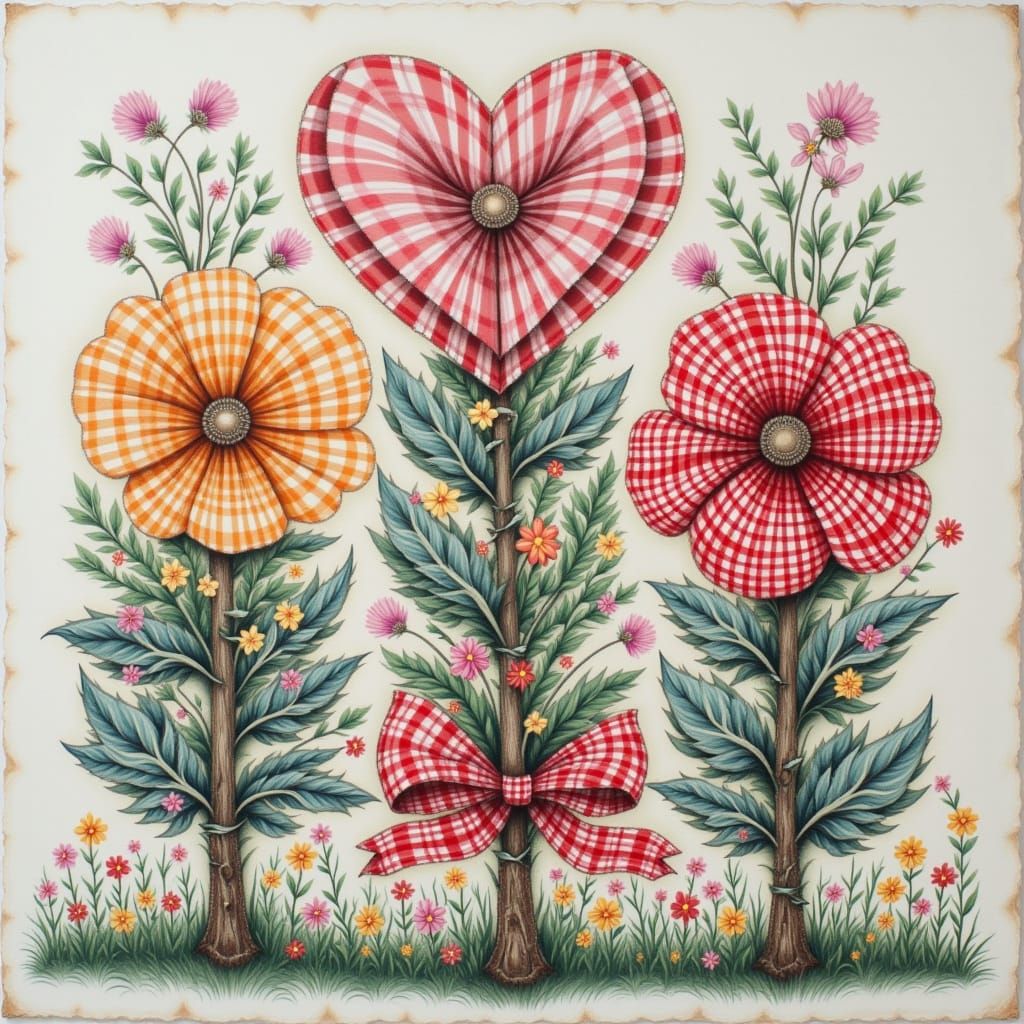 Embroidered Gingham Flowers with Khokhloma Patterns