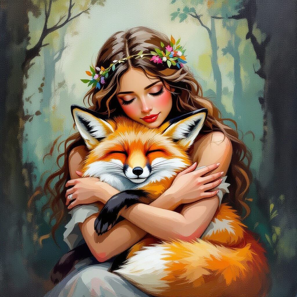 Greek Goddess Hugs Fox in Forest Temple