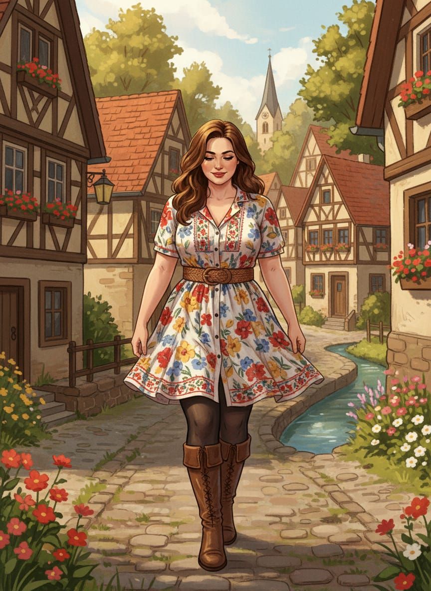 Woman in Floral Dress in German Village