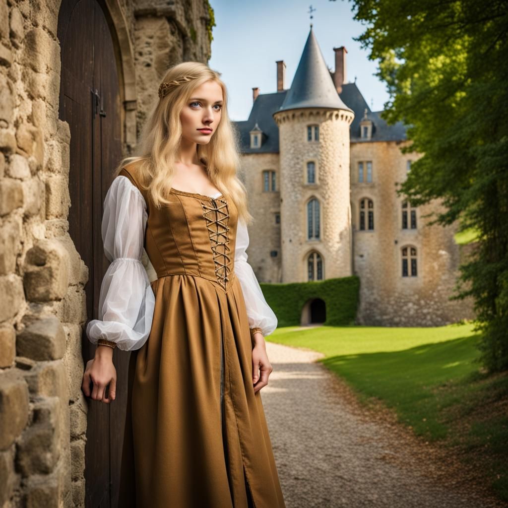 Blonde Girl in Front of Medieval Castle