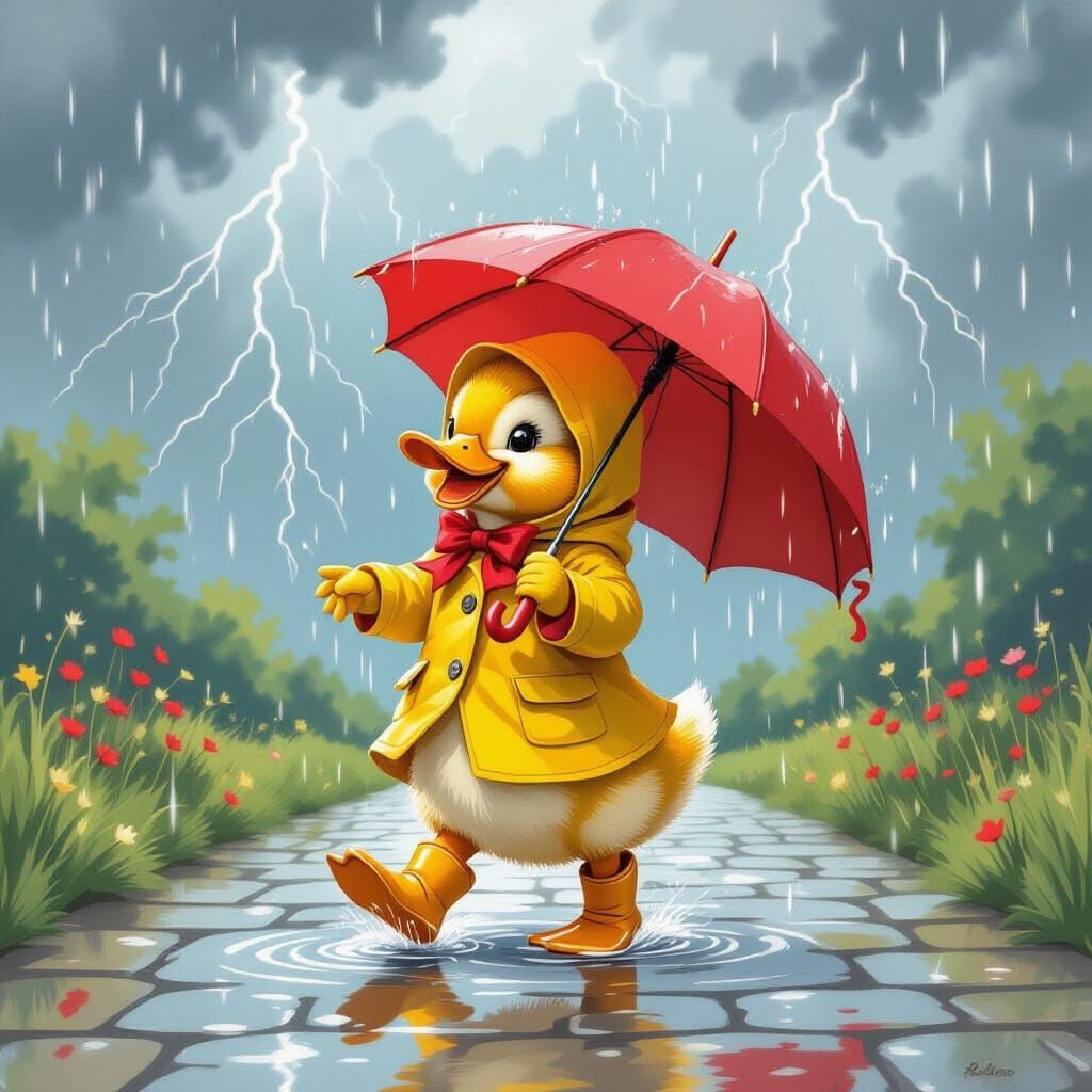 Duckling Dances in Rainy Scene, Illustrated Style