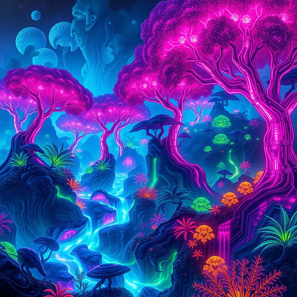 Electric Jungle with Luminous Flora in Cyberpunk Style