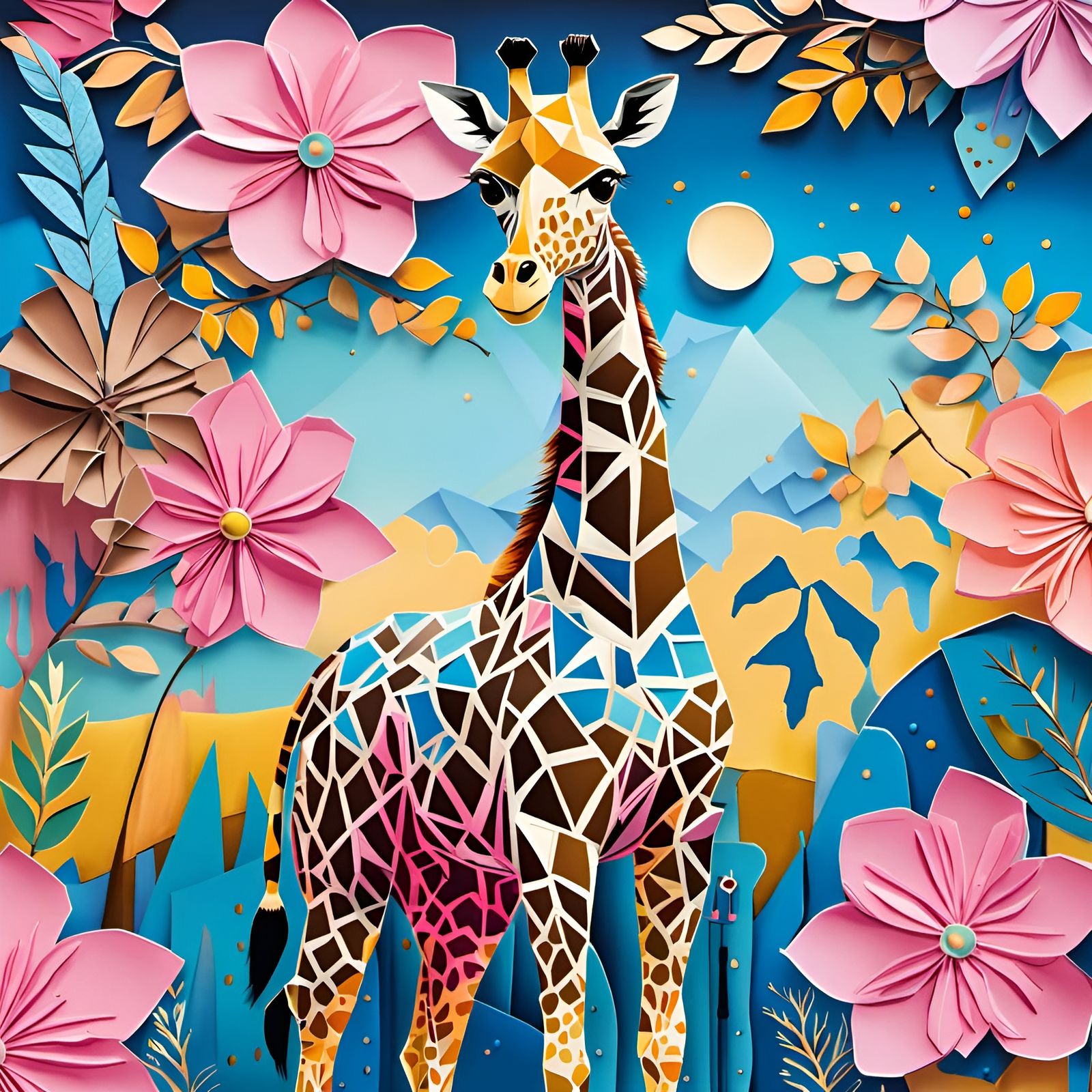 Origami Giraffe with Floral Patterns in Art Brut Style