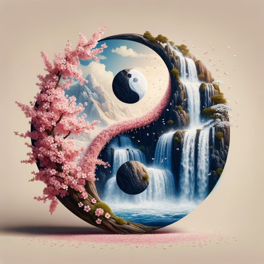 Yin Yang Symbol with Cherry Blossoms and Waterfalls