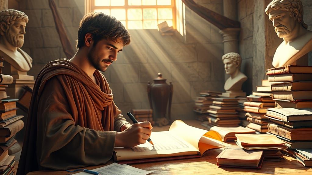Ancient Greek Scholar Writing, Hyperrealistic Rendering