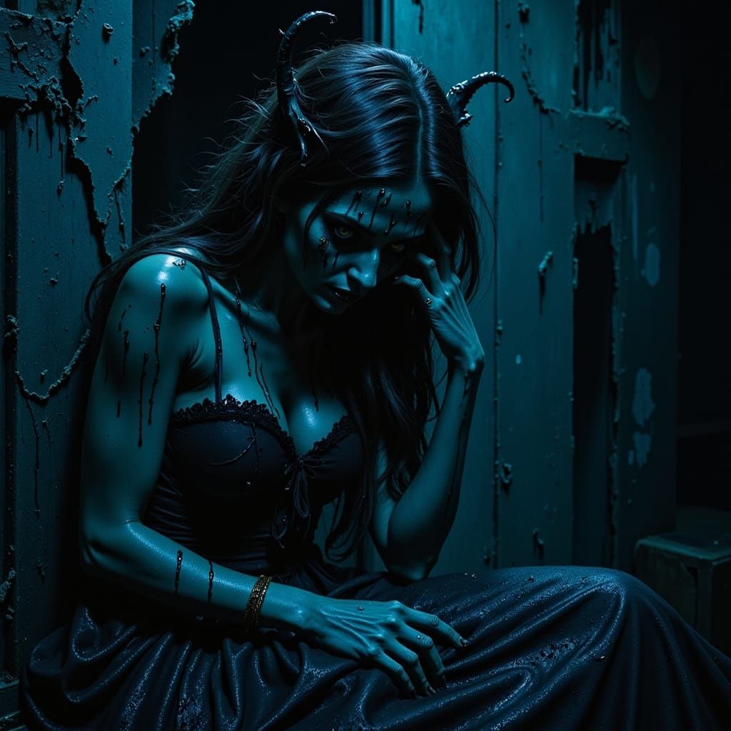 Depressed Vampire in Dystopian Moonlight Room