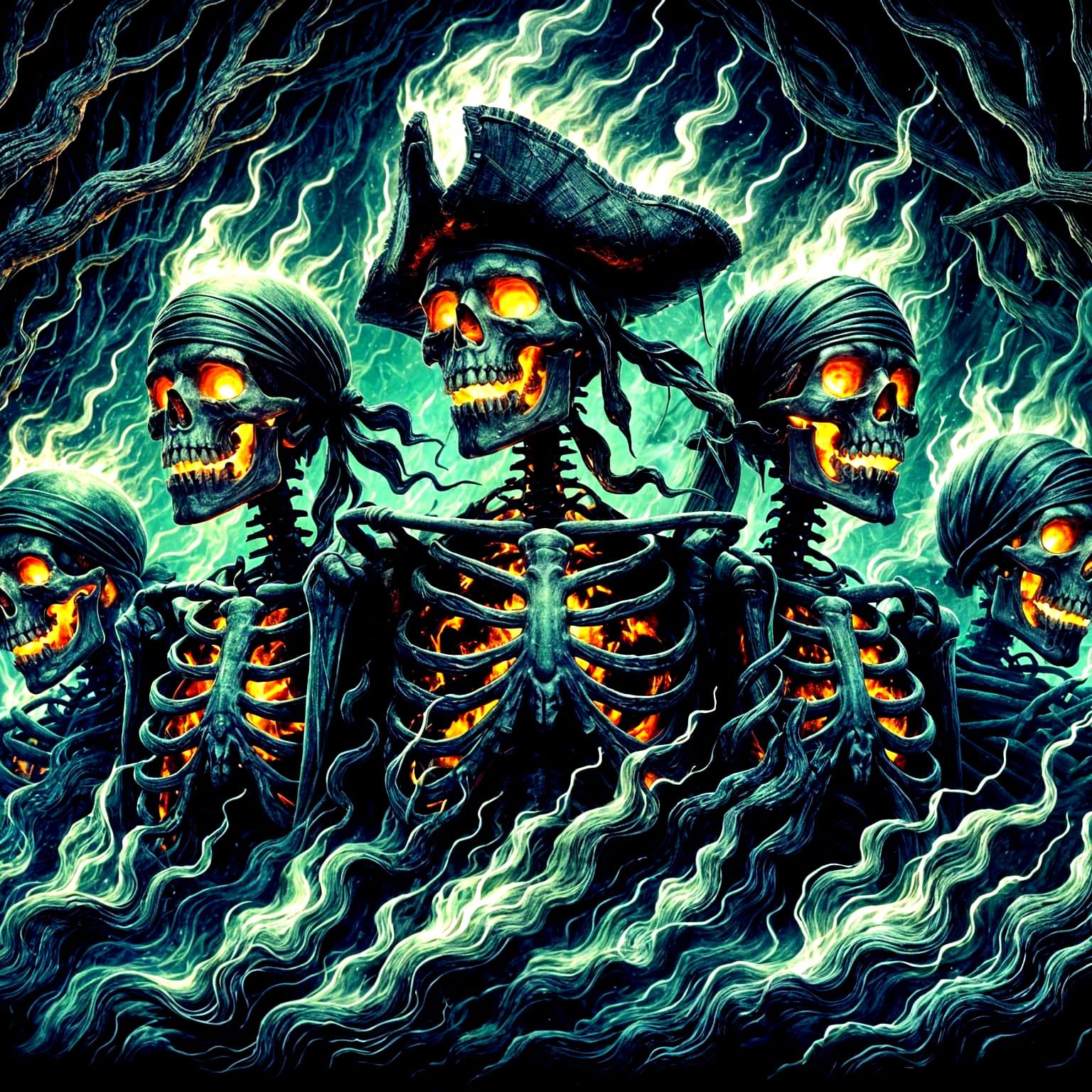 Skeletal Pirate Crew Rising from Flames