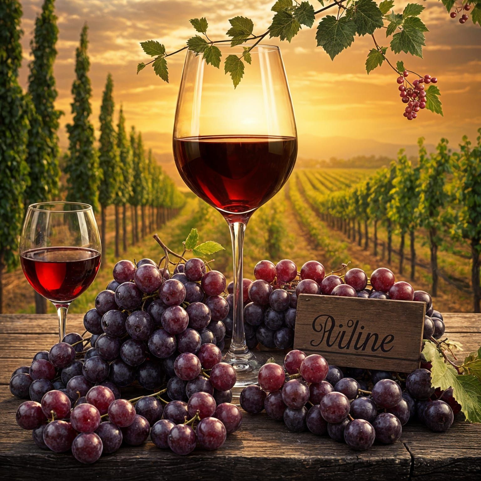 Elegant Still Life of Wine and Grapes in a Golden Landscape