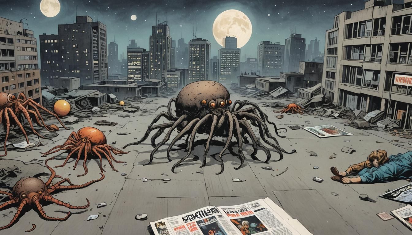 Retro Polish Comic Book Art with Moon Spiders