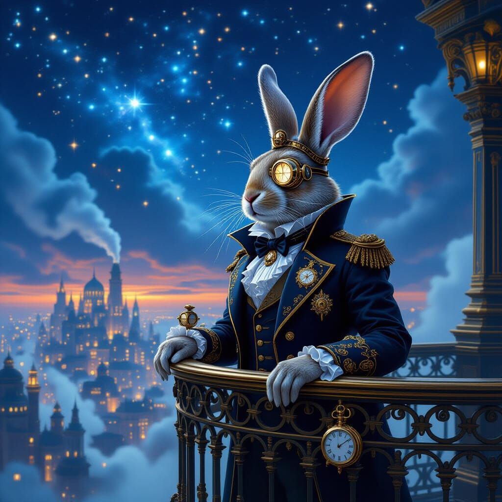 Steampunk Rabbit in Victorian Attire on Balcony