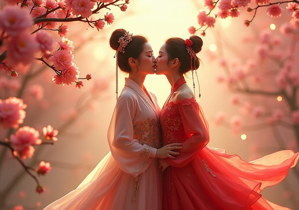 Korean and Chinese Women Share a Kiss