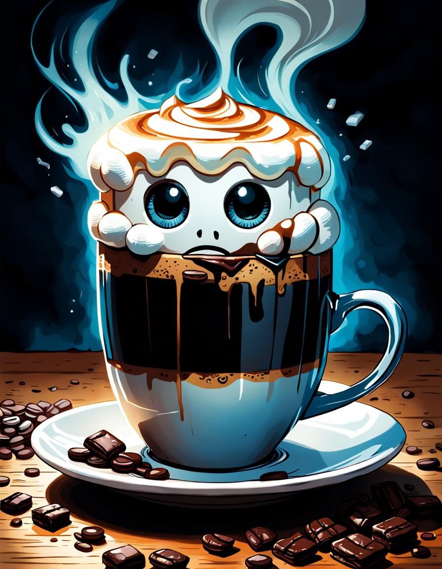 Playful Coffee Cup with Marshmallow Eyes, Comic Art