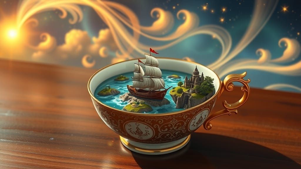 Surreal Digital Artwork of Antique Porcelain Teacup in Majap...