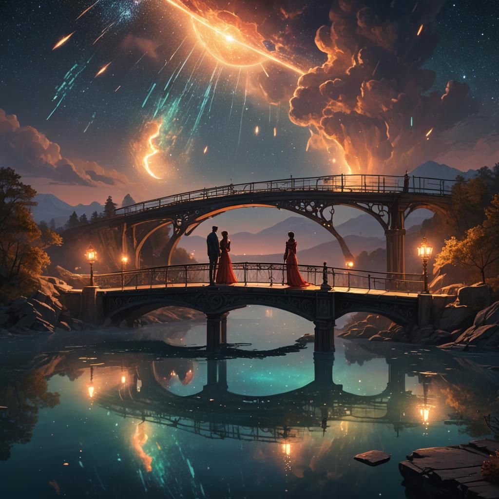 Ethereal Couple on Bridge Under Meteor Shower