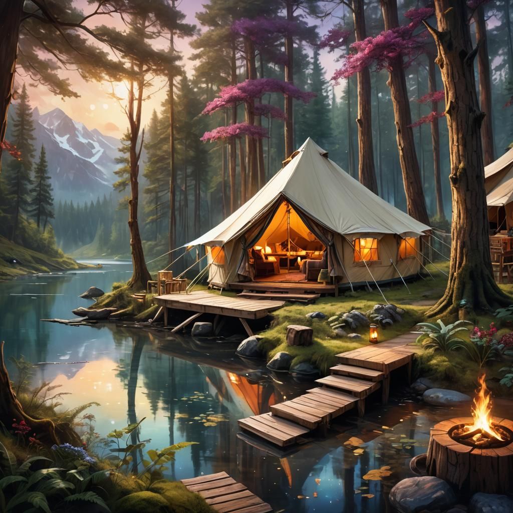 Glamping Tent in Forest Lake: Dreamy Fantasy Art